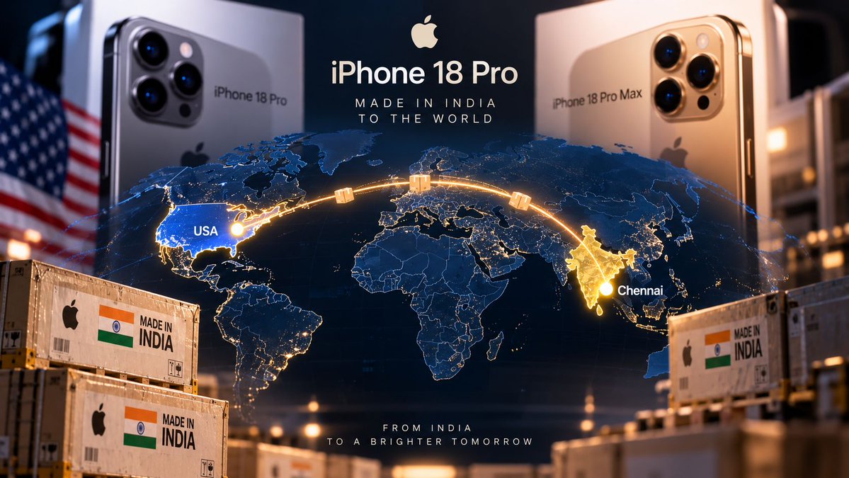 Illustration of iPhone 18 Pro models, a glowing route from Chennai to the United States, and boxes labeled Made in India.