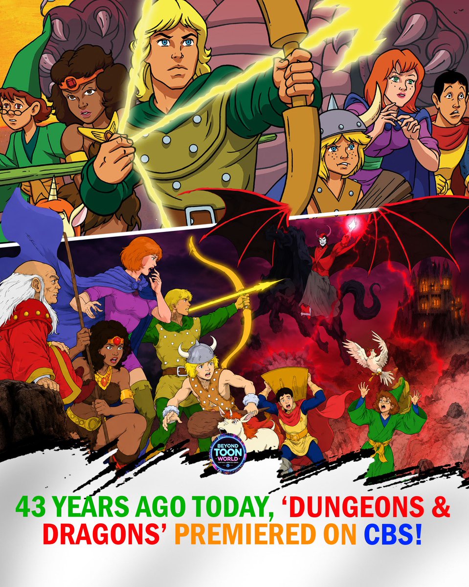 BeyondToonWorld's tweet photo. 43 Years Ago Today, ‘DUNGEONS & DRAGONS’ Premiered on CBS! 🐉⚔️✨
The beloved animated series followed Hank, Eric, Diana, Presto, Sheila and Bobby after they were transported into a dangerous fantasy realm, guided by the mysterious Dungeon Master.
With unforgettable villains like Venger and the terrifying Tiamat, Dungeons & Dragons became a cult classic of 1980s Saturday-morning animation. 🏹🔥
#DungeonsAndDragons #80sCartoons #Animation
