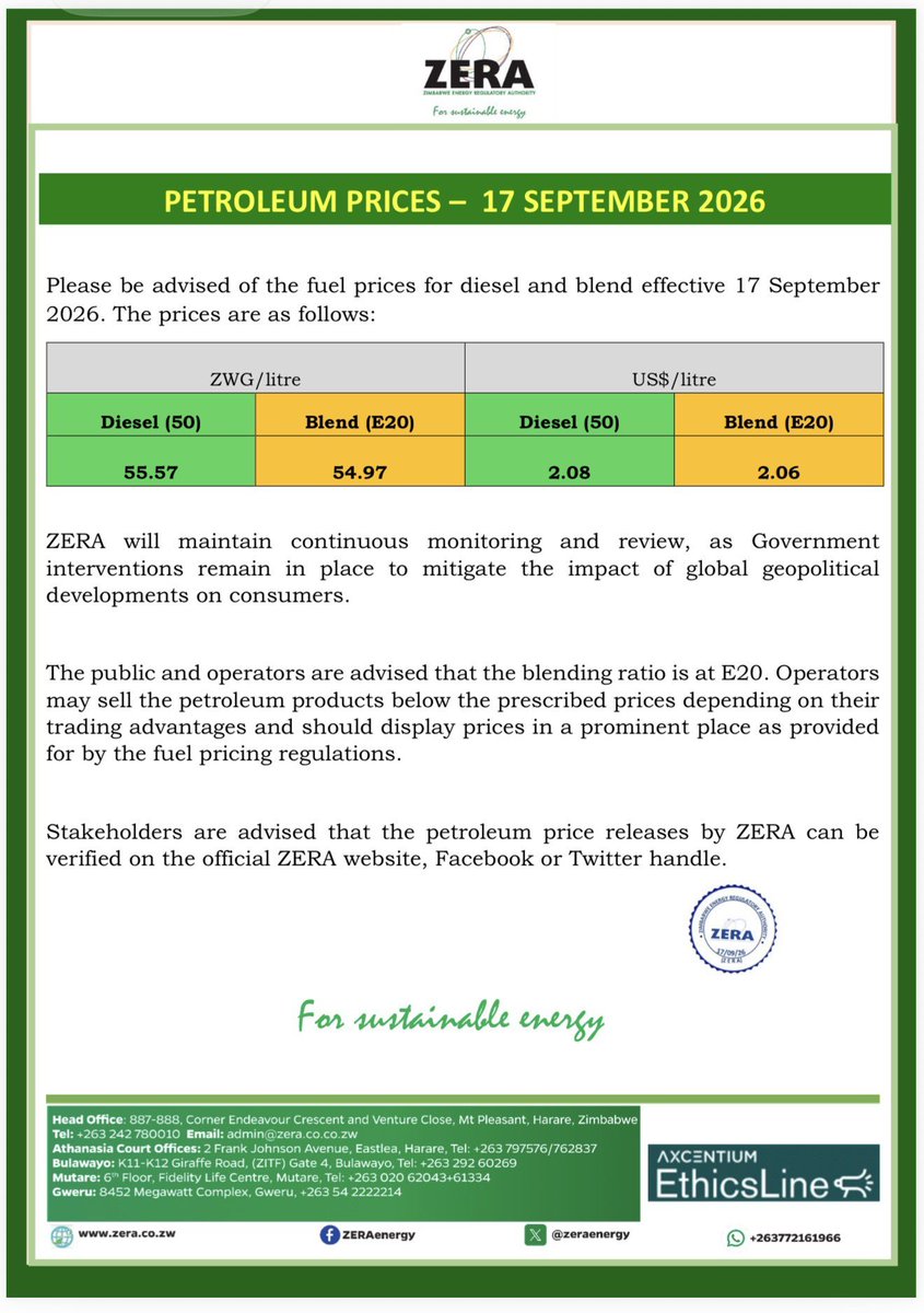 DoubleRedRose26's tweet photo. ⛽ FUEL PRICE UPDATE

ZERA has announced the latest fuel prices effective 17 September 2026.

Motorists, transport operators and businesses are encouraged to take note of the updated official prices when planning their fuel expenses. https://t.co/DBlGslwPTv