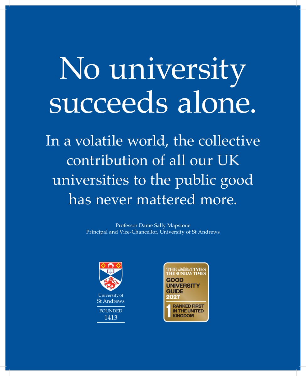 univofstandrews's tweet photo. The University of St Andrews has been named the UK's best university in The Sunday Times Good University Guide 2027. 🥇  

Read more: https://t.co/ufRX2Dvlm6 

#EverToExcel https://t.co/ay8TQ5wFOq