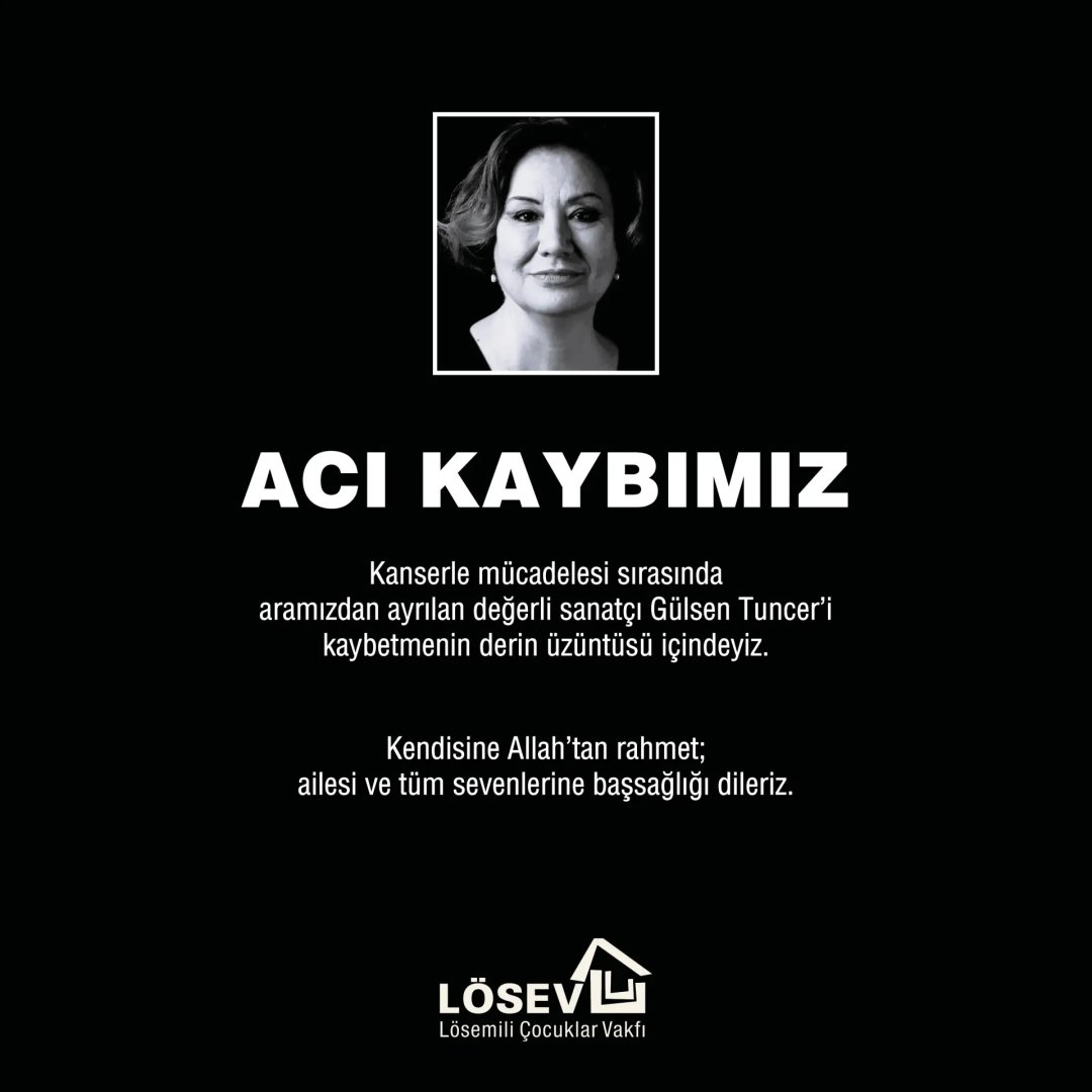 losev1998's tweet photo. ACI KAYBIMIZ

Kanserle mücadelesi sırasında aramızdan ayrılan değerli sanatçı Gülsen Tuncer'i kaybetmenin derin üzüntüsü içindeyiz.
Kendisine Allah'tan rahmet; ailesi ve tüm sevenlerine başsağlığı dileriz. https://t.co/gMhv1Pi29A