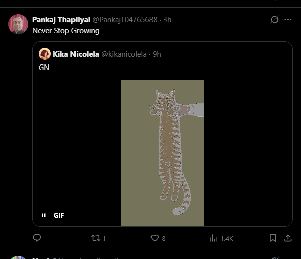 Mrdevsol's tweet photo. YO THIS IS GOOD

This GIF with infinity cat is going insanely viral this morning, already got more than 1.4 MILLION VIEWS and still going

People in the comments are calling this gif infinity cat and I think this can be the next giga viral gif

Check it: https://t.co/QJmQ8dR1LD