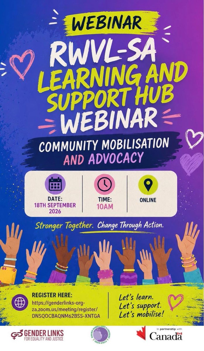 GenderLinks's tweet photo. π’ TODAY IS THE DAY! βπΎπ
Join the RWVL-SA Webinar on Community Mobilisation & Advocacy
β° 10AM | π» Online
Learn, connect & mobilise for change!
π Register now: https://t.co/sfSmuwSXYO
#RWVLSA https://t.co/hqQak5ma4f