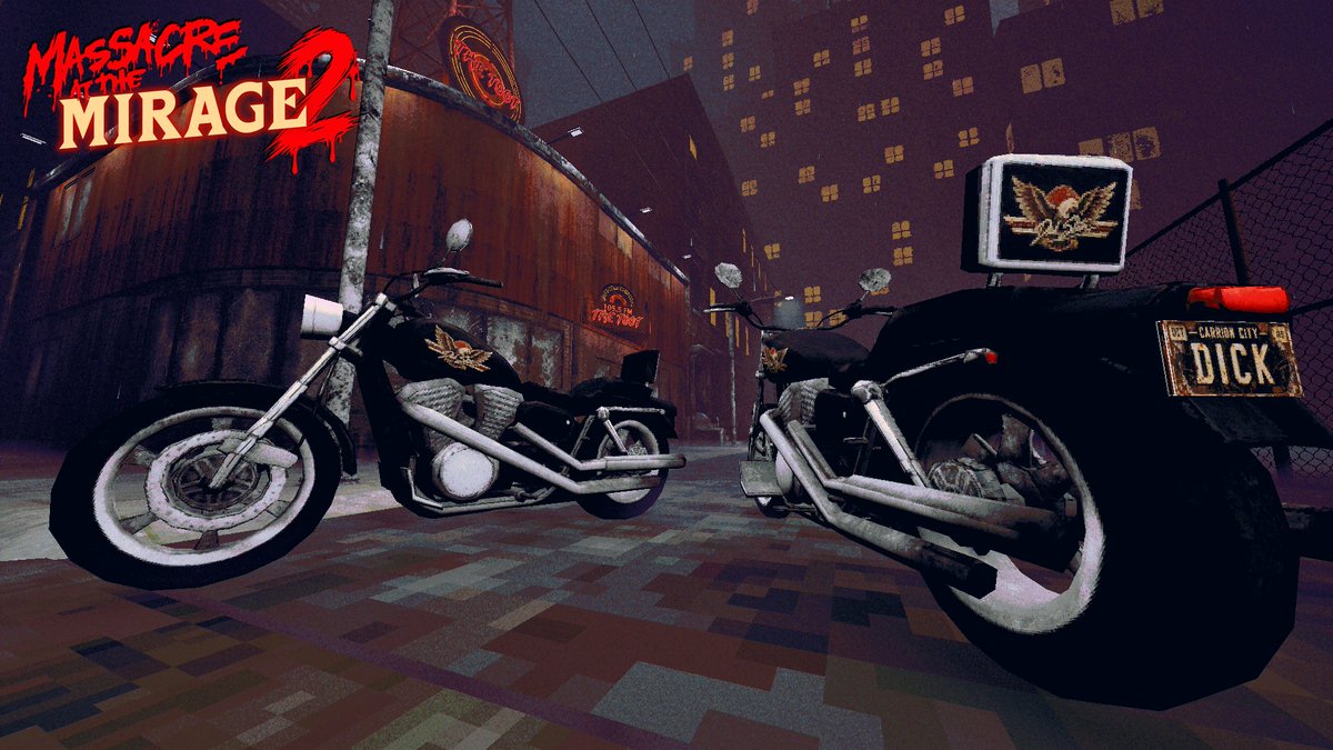 TaintedPact's tweet photo. Dick Slater traded in his police cruiser for something with a little more style. 

Modeled this bike today for him. It's roughly based on a 1989 Honda Shadow 1100. I was watching Terminator 2 while making it 😎 🤘

#indiegame #indiegamedev #PSX https://t.co/lPgTtBsXsq