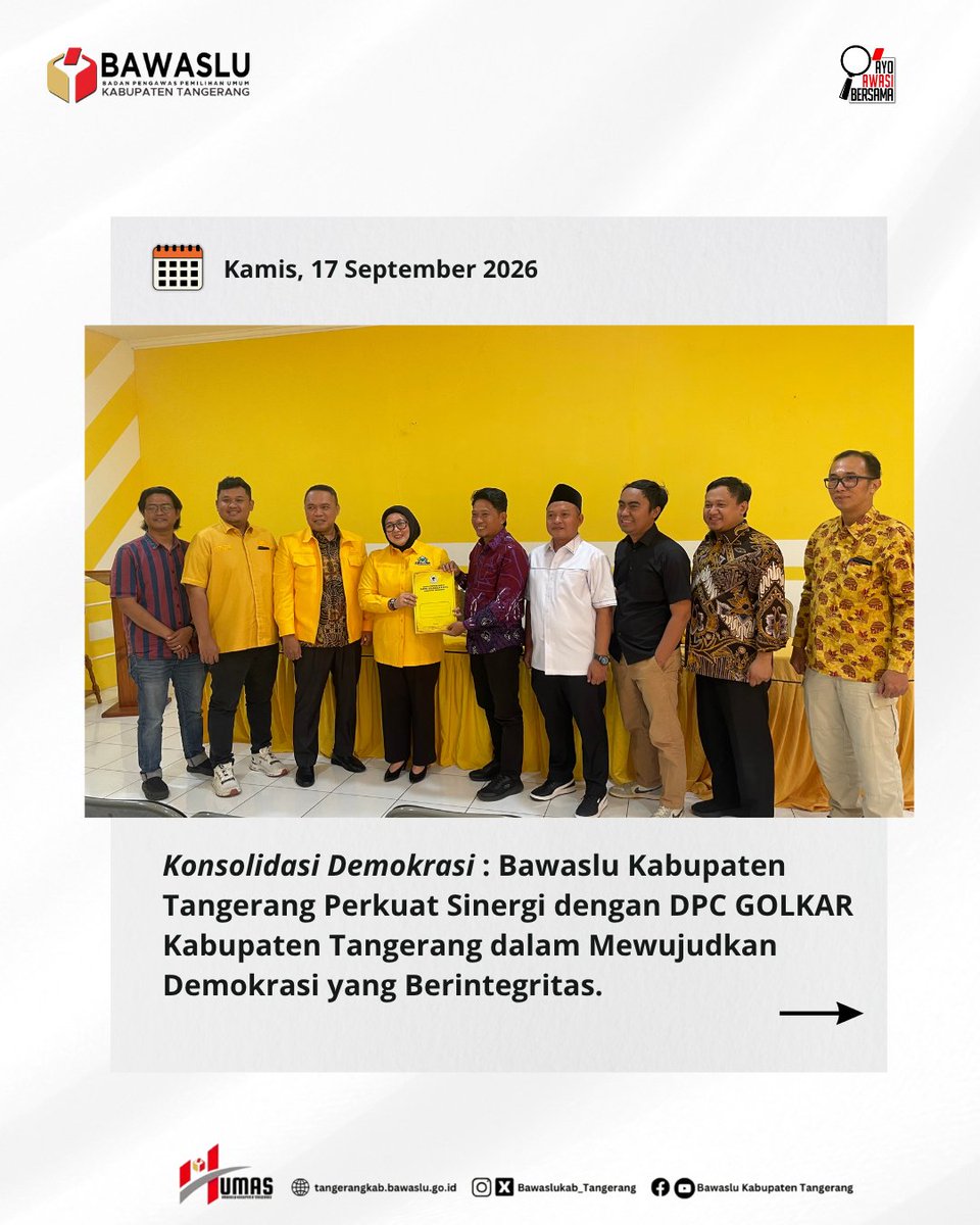 BawasluKabTang's tweet photo. Bawaslu Kabupaten Tangerang melaksanakan Konsolidasi Demokrasi bersama DPC GOLKAR Kabupaten Tangerang sebagai upaya memperkuat komunikasi, membangun komitmen, serta mendorong peran aktif partai politik dalam menjaga kualitas demokrasi. Kamis, 17/9/26
#bawaslukabupatentangerang https://t.co/Eifi8YRwCn