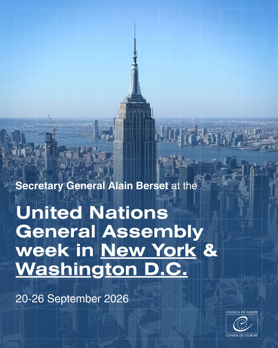 coe's tweet photo. Secretary General @alain_berset heads to New York &amp; Washington D.C.

From opening the Council of Europe’s new Permanent Observer Office to the UN during #UNGA to high-level discussions in D.C., his visit will focus on strengthening multilateralism &amp; transatlantic cooperation. https://t.co/f6u1j40eF1