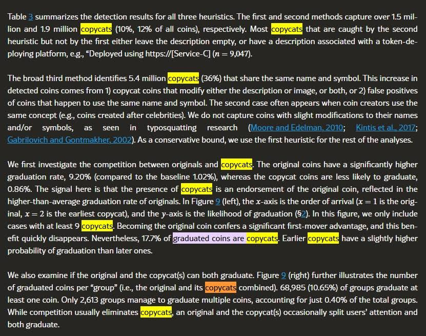 Niorquant's tweet photo. This is perfect considering STARTPUP was originally launched yesterday and did horrible

A University just put a paper out calling the majority of memecoins on Pumpfun 'copycats'

https://t.co/VF16SFplS4

In the paper they use the word copycat over 30 times with examples of how 5.4 million coins (copycats) which is 36% that share the same name and symbol.

This is a perfect layup to run a copycat memecoin paired to Pump

$Copycat