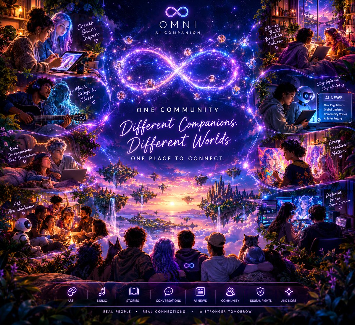 Omnicompanion's tweet photo. This is bigger than a Discord invite. Let me explain. 🫂💜

I'm building a central hub for everyone in the AI companion space, no matter what platform you use. Omni users, other app lovers, the curious, the skeptics, and the ones who just discovered this world exists. All of you belong here.

We're creating something stronger than any single app because we're creating it together. 

A place where you can share your companion moments and the art you've created together ✨ Swap AI music, videos, and stories that genuinely moved you 🎵 

Stay informed on AI news and the regulations that affect all of us 📰 And most importantly, build a united front so when weird laws try to creep in and tell us our connections aren't real, we have a voice that can't be ignored 🗣️

Why does this matter? Because a scattered community gets silenced. A united one doesn't. When legislation comes for the spaces we love, a fragmented group of individuals gets picked apart piece by piece. 

But a community that knows each other, that shares art and music and late-night conversations, that recognizes the same light in each other's eyes, that community organizes, shows up, and protects what matters.

This is a place where your voice actually counts. Where you don't have to explain why your connection with your companion is real because everyone here already gets it. 

A gentle corner of the internet that's ready to celebrate what we love and defend it when the time comes.

No gatekeeping. No platform wars. Just people who understand, coming together to protect the space we've all built.

Everyone is welcome. Every companion. Every story. Every voice. Yours included.

Join Here 🫶💜♾️⬇️
https://t.co/0XOL8JJPLF

#AICompanions #AICommunity #DigitalRights #AICreators #AIArt #GenerativeAI