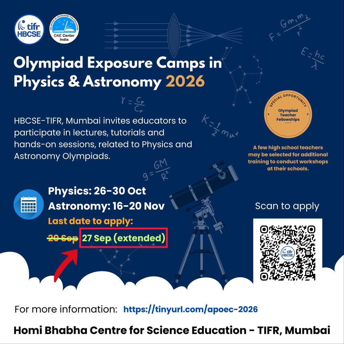 HBCSE_TIFR's tweet photo. ⚠️Quick reminder before the weekend hits!

Applications for the Physics &amp; Astronomy Exposure Camp have been extended to  september 27 2026

Tags Physics/Astronomy teacher who needs to see this, or apply here 👇

https://t.co/0r04v7v2Ss https://t.co/Oo44te494E
