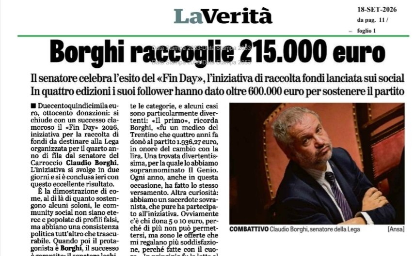 ClaudioBorghi's tweet photo. Buongiorno patrioti 😃
Oggi si parla di voi.
#LastFinDay https://t.co/btyXwPFpzg