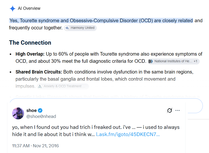 stargazerpon's tweet photo. @MJayySyt @32DaCrow @whatever here Ai saying Tourette and OCD being closely related. i also included a screenshot of Shoe saying she used to hide and lie about her trich https://t.co/9CAyp1Rv4l