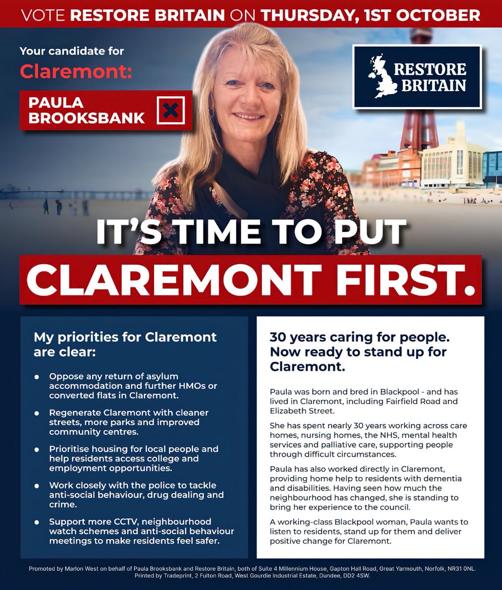 _SaveBritain's tweet photo. Paula Brooksbank is Restore Britain’s Claremont candidate: a working-class woman born and bred in Blackpool with nearly 30 years in the NHS, care homes and palliative care, not a career politician.

On Thursday, 1 October, vote local and put Claremont first. https://t.co/sGu6i6anq2