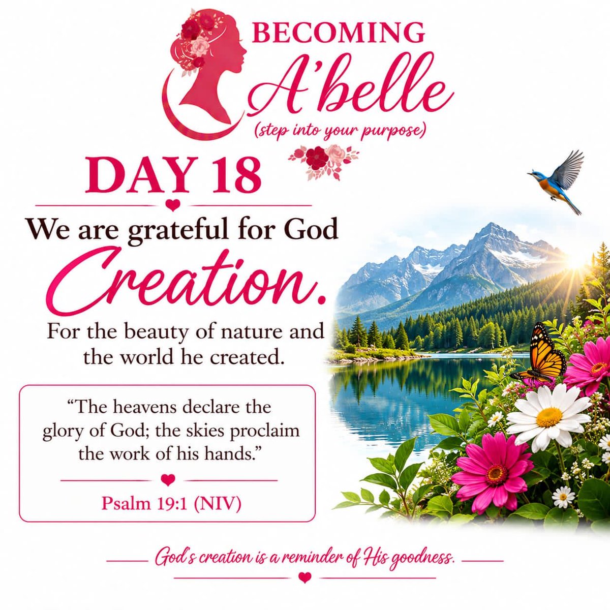 BecomingAbelle's tweet photo. Day 18 of our September Gratitude Challenge, we are grateful for Gods Creation, for the beauty of nature and the world he created.
For Just a minute, say thank you JESUS for Gods Creation.
#Day18
#SeptemberGratitudeChallenge
#GidsCreation
#BecomingAbelle
#StepintoPurpose https://t.co/L47qwgJTwy