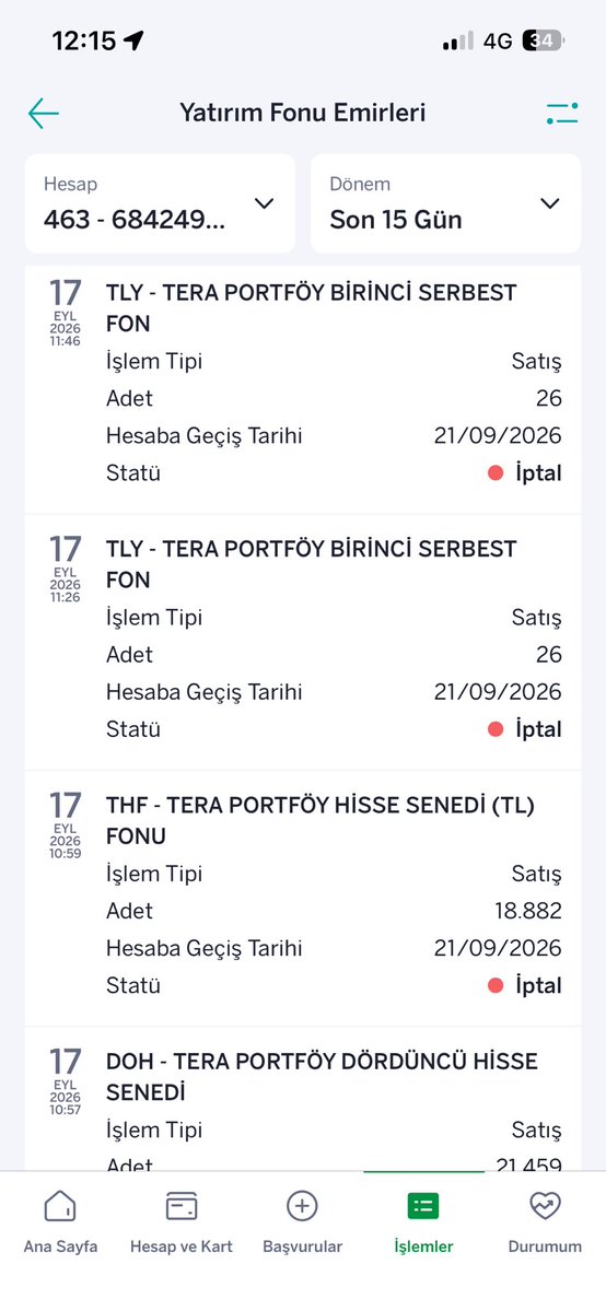 testnetnodes's tweet photo. GarantiBBVA sizden net ve yazılı bir açıklama bekliyorum.

17.09.2026 tarihinde Tera Portföy fonlarım için verdiğim satış emirleri:

DOH → 10:57 → İptal
THF → 10:59 → İptal
TLY → 11:26 → İptal
TLY → 11:46 → İptal

Emirler sisteminiz tarafından kabul edildi, hatta 21.09.2026 hesaba geçiş tarihi gösterildi. Daha sonra tamamı iptal edildi.

Bugün müşteri hizmetlerinizi aradığımda konu hakkında bilgi verilemedi ve sürecin İş Bankası tarafından yürütüleceği söylendi.

Ancak benim sorum tasfiye süreci değil:

Bu emirler TEFAS’a iletildi mi?

İletildiyse TEFAS emir numaralarını, iletim/iptal saatlerini ve hangi gerekçeyle iptal edildiklerini açıklamanızı istiyorum.

Çünkü bunlar benim tarafımdan iptal edilmiş emirler değil.

Ekran görüntüleri ve saatler kayıtlı.

@GarantiBBVA @spkgovtr
#TLY #THF #DOH