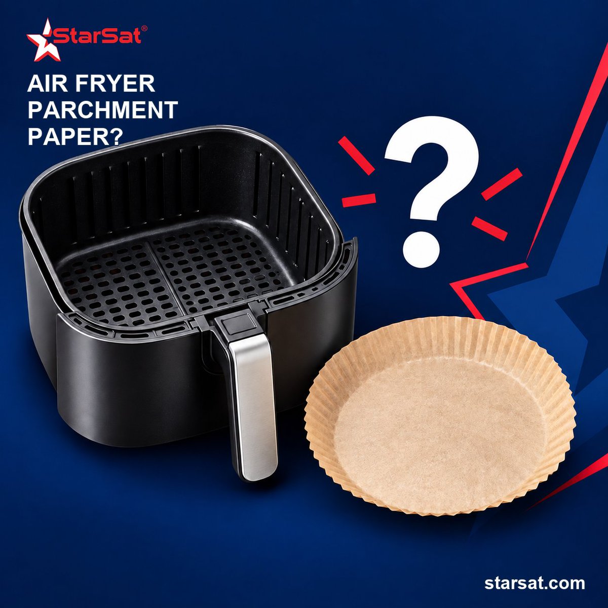 StarSatIntl's tweet photo. Air fryer parchment paper? Check your manual. Secure permitted liners; keep vents clear. Guide: https://t.co/bkVfGOGtZD F900: https://t.co/SlEL8nC4cV Help: https://t.co/maBWmGZAWD @StarSatIntl #AirFryerTips https://t.co/n1ymuSjGKW