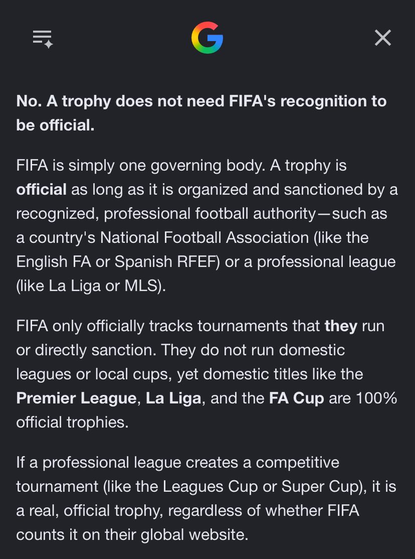 oris__x's tweet photo. @nonchalant185 @chimyjulio211 First you said they’re not official trophies and now you’re saying they’re not recognized by FIFA.

According to your logic, if FIFA doesn’t recognize a trophy, it’s automatically become an unofficial trophy.

Help yourself.👇 https://t.co/YCvT6f1ul3