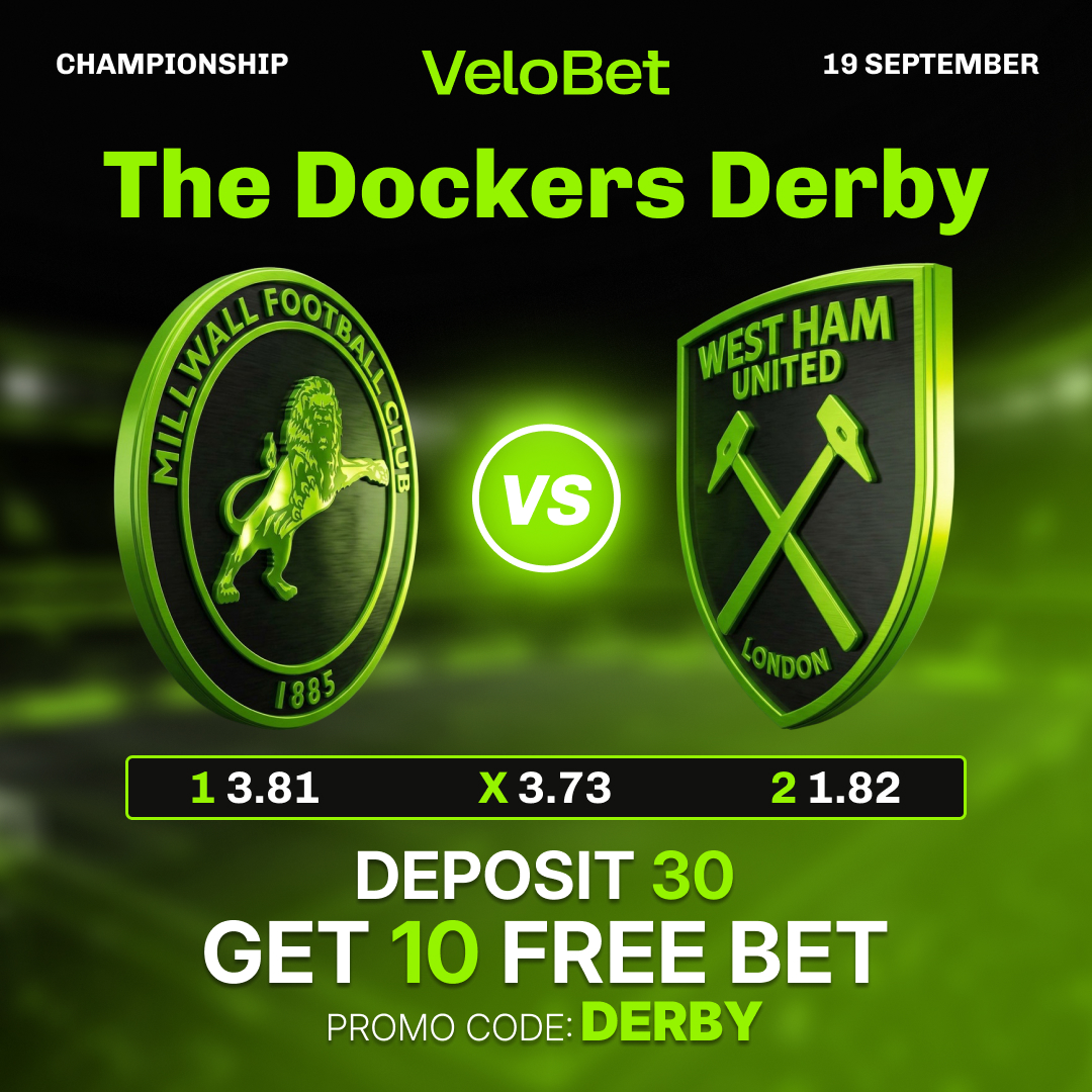 Velo_Win's tweet photo. 🔥 THE DOCKERS DERBY PROMO! ⚽️

🦁 Millwall vs West Ham ⚒️

💰 Deposit 30
🎁 Get a 10 Free Bet
🏷️ Promo code: DERBY

🎯 To receive the Free Bet, you need to make your qualifying deposit for the Millwall vs West Ham match

⚠️ The promotion is available only before the match starts https://t.co/qozEcEzPSe