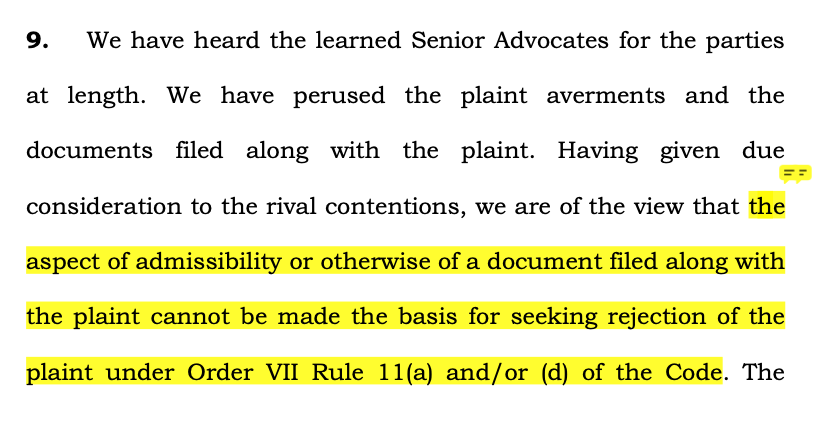 CiteCase's tweet photo. #SupremeCourt holds that non-admissibility of a document on which the plaintiff relies for seeking relief in his suit cannot be a ground for rejection of the plaint. https://t.co/I738awZvaU