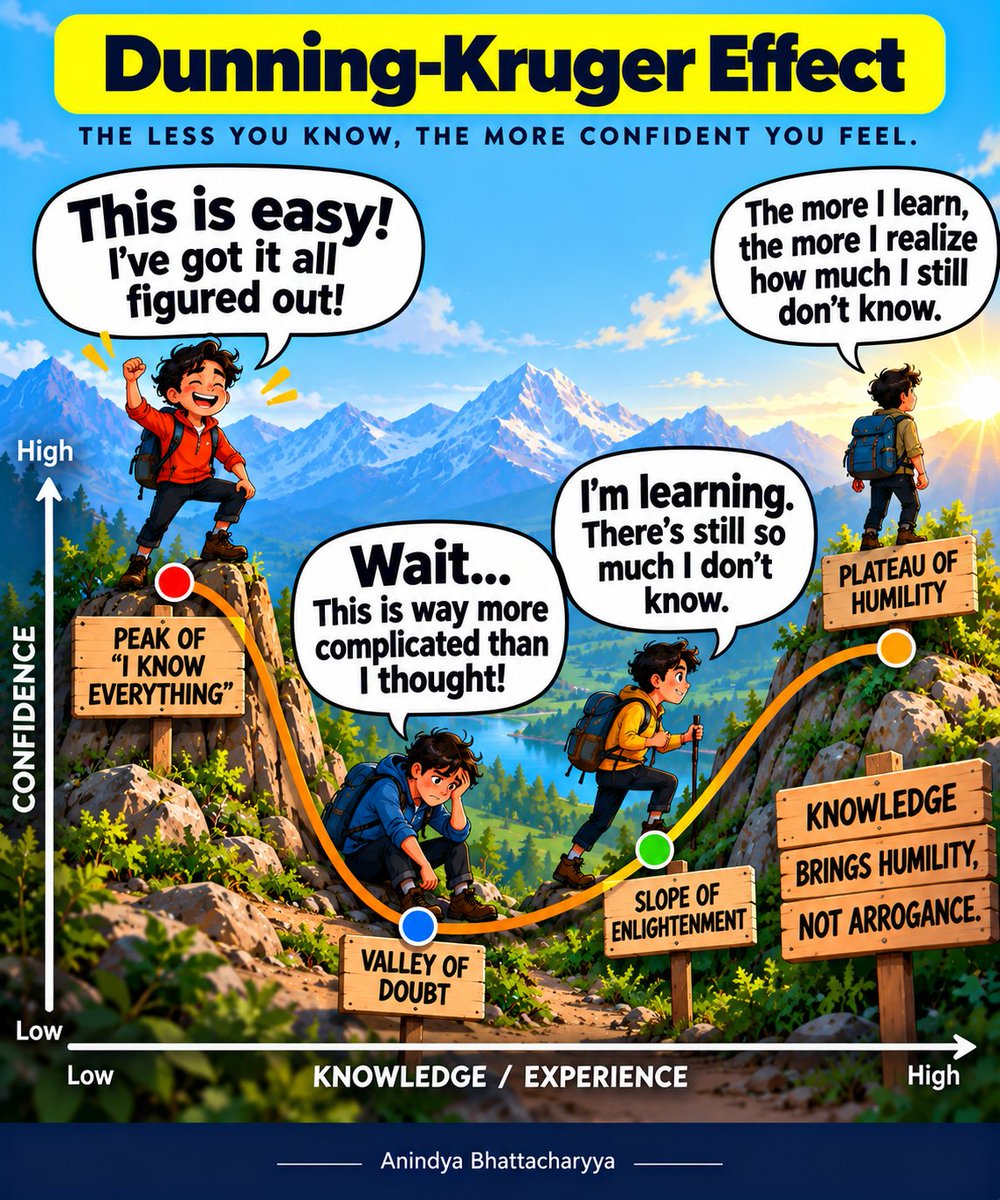 anindyatweets's tweet photo. The less we know, the easier it is to feel certain.

But as knowledge grows, so does our awareness of what we don’t know.

True expertise doesn’t create arrogance. It creates humility.

#mentalmodels https://t.co/HRRrIFmwXh
