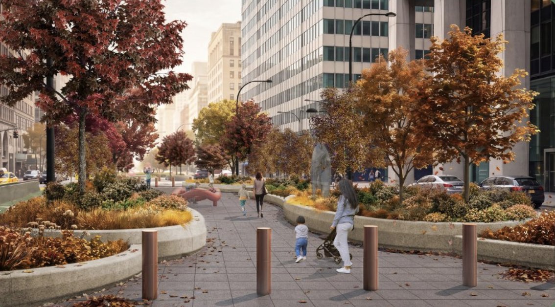 MarkLevineNYC's tweet photo. Until the 1920s Park Ave had an actual park running through it. Then cars took over.

Now the park is coming back. @NYC_DOT just unveiled the final vision for transformation of the avenue (from E.46th to E.57th).

With reduction of two lanes of traffic, there will be wider sidewalks, an urban forrest in the median, benches, space for cultural programming, a bike lane etc.