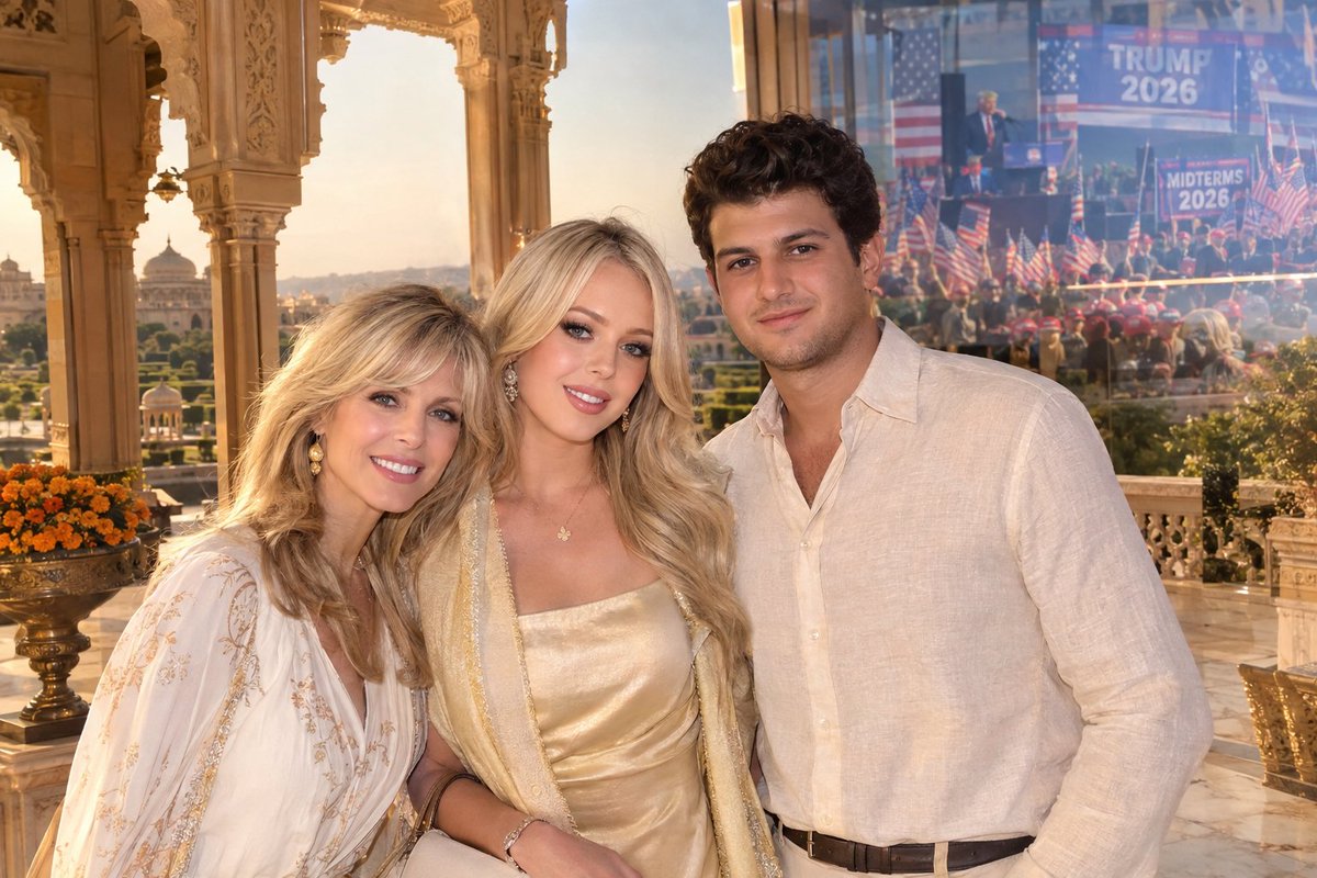 MeggieRobinson's tweet photo. A beautiful family getaway in India 🇮🇳✨ Tiffany Trump, Marla Maples, and Michael Boulos enjoying a peaceful moment surrounded by timeless elegance, while the 2026 midterm campaign continues back home. 🇺🇸

#TiffanyTrump #MarlaMaples #MichaelBoulos #Trump2026 #Midterms2026 #India #Family #Travel #USA 🇺🇸