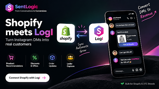 sentlogic's tweet photo. Shopify meets LogI 🛍️🤖

Turn Instagram DMs into real customers 💬➡️💰

🛒 Product Recommendations
🏷️ Discounts & Offers
📦 Order Updates
👥 Lead Capture
⚡ Automated Conversations

Sync your Shopify store with LogI and let AI handle your customer conversations 24/7 🚀

#Shopify #DTC #Ecommerce #InstagramAutomation #ShopifyStore