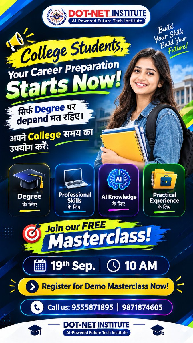 dotnetinstitute's tweet photo. College Students, Your Career Preparation Starts Now! 🚀🎓💥
👉🏽For demo Class Fill this form: https://t.co/DfoR4yi6EA
📞 Call Us: 9555871895 | 9871876405
🎓 DOT-NET INSTITUTE 🎓
AI-Powered Future Tech Institute
#DOTNETInstitute
#19thSep10AM
#FreeMasterclass https://t.co/jghAqNQBoi