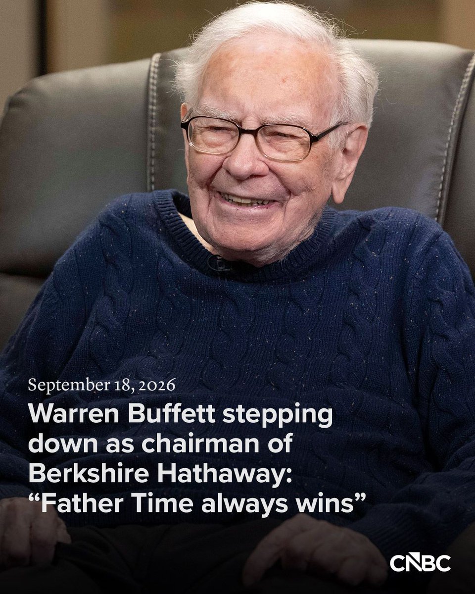 CNBC's tweet photo. Warren Buffett is stepping down as chairman of Berkshire Hathaway, the sprawling conglomerate worth $1 trillion that he has led since 1965. The 96-year-old legendary investor announced the move in a letter to shareholders Friday.

Buffett will become chairman emeritus, effective immediately, while remaining a director on the board, the company said in a separate announcement. His son, Howard Buffett, will replace him as chairman as dictated by a long-standing succession plan, Berkshire said. Susan Decker will continue as lead independent director.

Read more: https://t.co/peT8lNl9Hz
