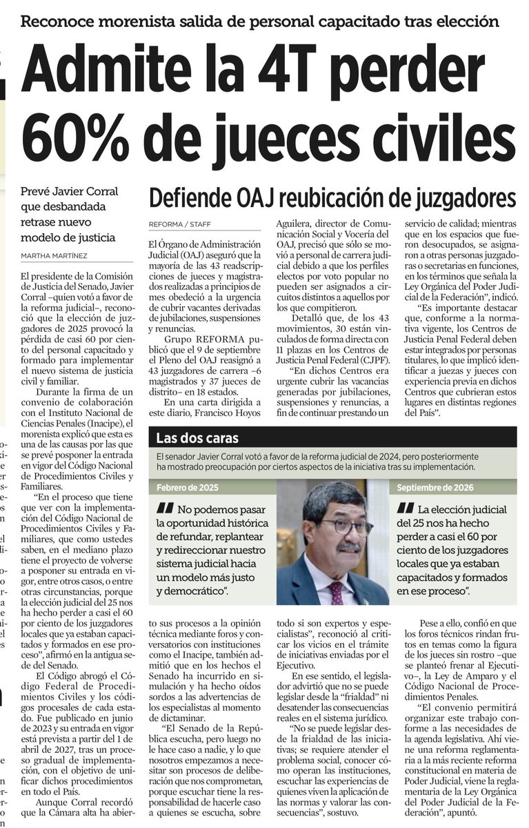 JoseMarioMX's tweet photo. @Javier_Corral, presidente de la Comisión de Justicia del @senadomexicano, reconoce que la elección judicial de 2025 hizo perder casi 60% de los juzgadores locales ya capacitados para operar el nuevo Código Nacional. No fue un simple relevo: fue pérdida de experiencia y formación.

El golpe cae sobre la justicia cotidiana: civil y familiar concentran 69.8% de los asuntos de primera instancia estatales. Divorcios, alimentos, custodias, sucesiones, contratos, patrimonio. México cambió al mismo tiempo las reglas del proceso y a quienes debían aplicarlas.

Ahora se habla de posponer otra vez el Código. Si desmontas capacidad antes de tener lista la sustituta, eso no es modernización: es una falla de diseño institucional. Y Corral dejó esta frase: el Senado “escucha, pero luego no le hace caso a nadie”. Primero legislar. Después descubrir las consecuencias.