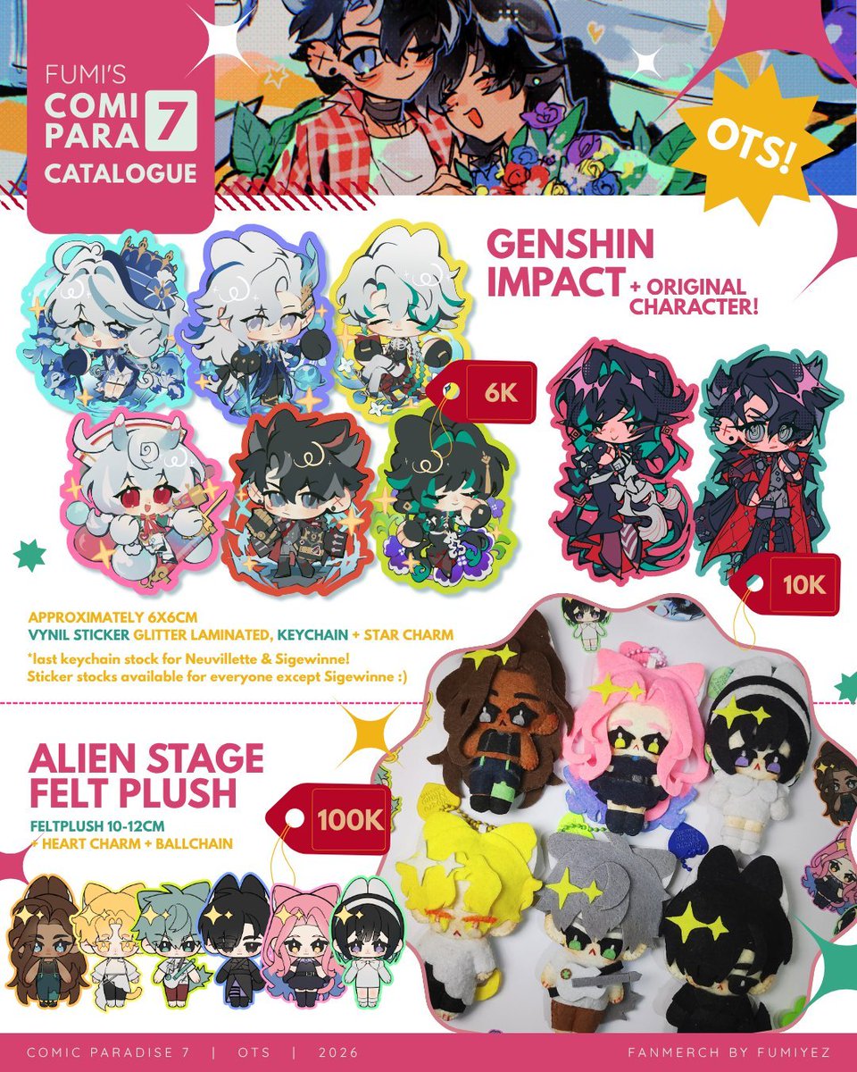 Fumiyez_'s tweet photo. ✨Rts are appreciated!!!✨
These are my OTS Catalogue for #Comipara7 ! 🐑🍀🎉

🍭 Fandom: Genshin Impact , Alien Stage , Madoka Magica , Mouthwashing , ZZZ + Originals

🗓️ Both Days
📍 Circle Abon &amp; Gulai (Q-07)

#comipara7catalogue https://t.co/VPNM55WweW