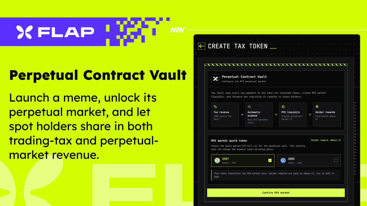flapdotsh's tweet photo. Flap Perpetual Contract Vault is LIVE.  Powered by @MYX_Finance 🦋

Launch a meme. Unlock its perpetual market. Let spot holders earn from both.

With the new vault on Flap:

>Trading tax flows into the Vault and automatically buys back the token 
>Bought-back tokens are deployed as liquidity to open the MYX perpetual market
>Two layers of rewards for holders:
*Trading-tax rewards
*Perpetual market revenue, including trading fees & funding-related yield

Any asset can become a permissionless perpetual market from Day ONE.

No listing committee. No waiting for approval.

BUILD on https://t.co/QxwEidkmg4 🦋