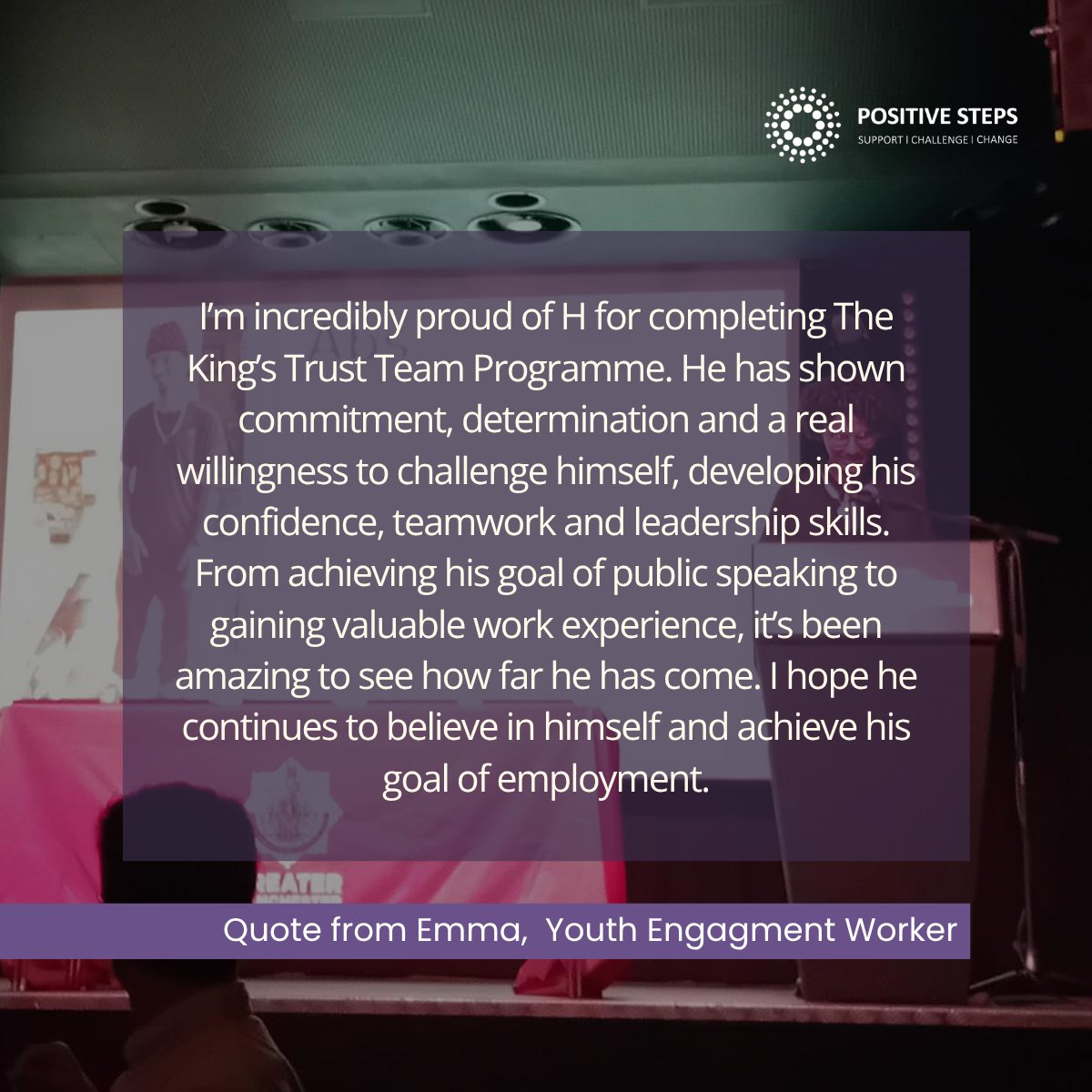 PositiveSteps's tweet photo. A huge congratulations to our young people who have successfully completed @KingsTrust 12-week Team Programme in Manchester. We’re incredibly proud of how far they’ve both come and loved celebrating their achievements at their graduation at @bandonthewall 👏❤️ https://t.co/aSac5Py4mN