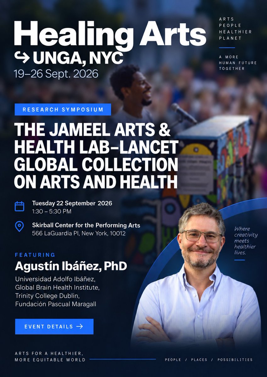 AgustinMIbanez's tweet photo. Can culture, creativity, and the arts become integral components of brain health, prevention, and healthier societies worldwide? Looking forward to joining the Healing Arts @UN  General Assembly 2026 in New York for the launch of the @j_artshealthlab  – @TheLancet   Global Collection on Arts and Health.A timely opportunity to discuss transdisciplinary health.📷 Skirball Center for the Performing Arts, NYC. 📷 22 September | 1:30–5:30 PM #UNGA https://t.co/PhODBw5akE