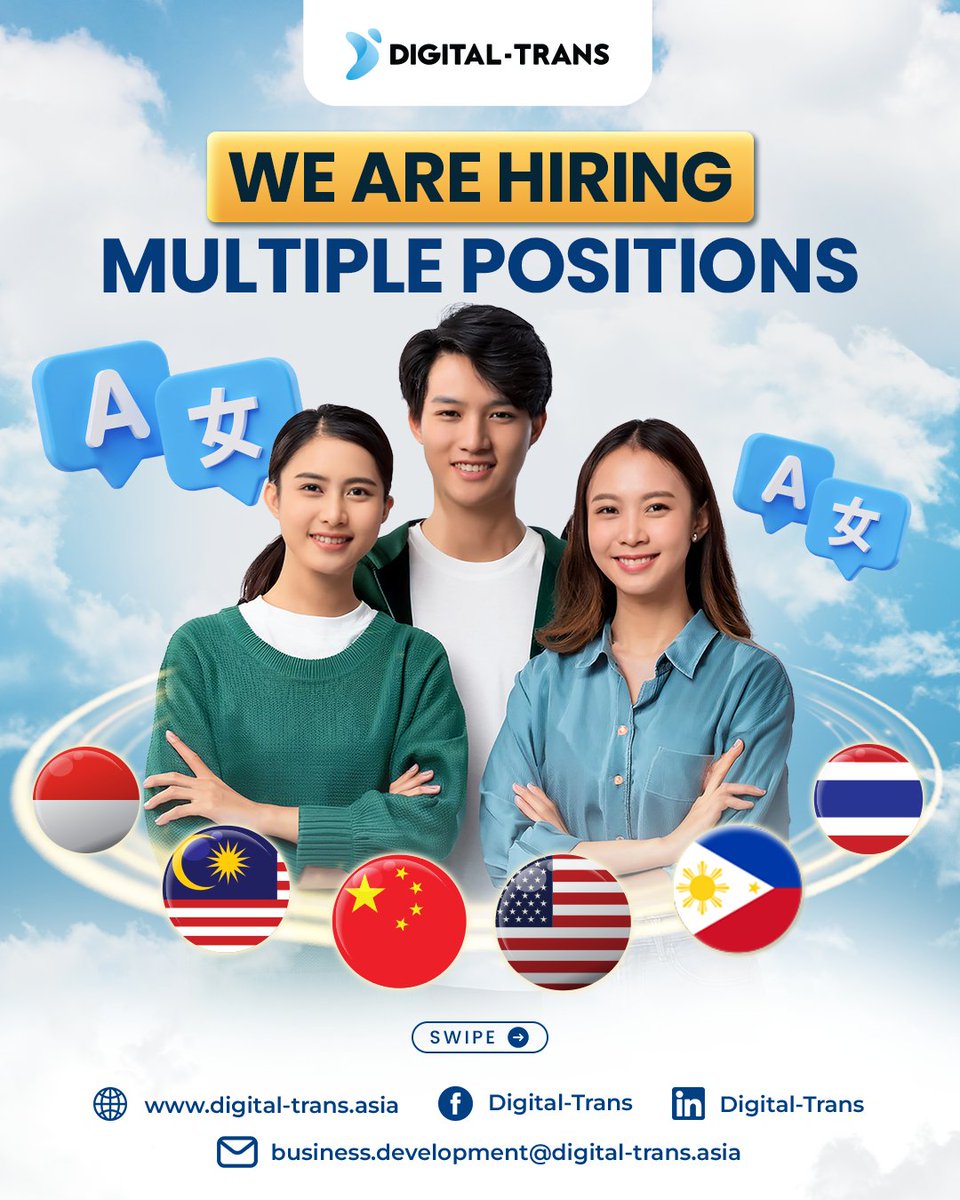 DigitalTrans_A's tweet photo. We are hiring! We are looking for talented people to join our team across multiple positions. Ready for your next opportunity? Apply now on our website!

#Digitaltransasia #HiringFreelance #Loker #HiringNow #FreelanceJob https://t.co/XACl4gRu9O