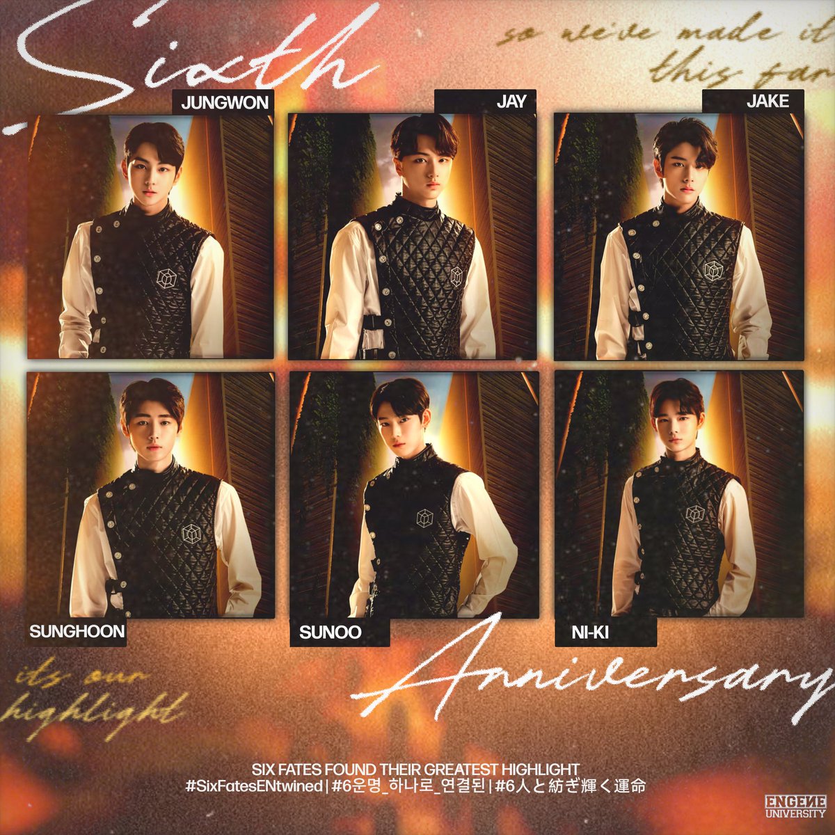 en_univ's tweet photo. Today isn't just a celebration of the day our fated boys became one. It’s a celebration of everything that came after. The memories we made, the moments that made us smile and cry, the dreams they continue to chase, and the countless moments still waiting for ENHYPEN & ENGENEs in the future.

Happy I-LAND formation anniversary to every ENGENE who celebrates! 🥹🧡

SIX FATES FOUND THEIR GREATEST HIGHLIGHT
#SixFatesENtwined #6人と紡ぎ輝く運命 #6운명_하나로_연결된
#ENHYPEN #엔하이픈 @ENHYPEN @ENHYPEN_members