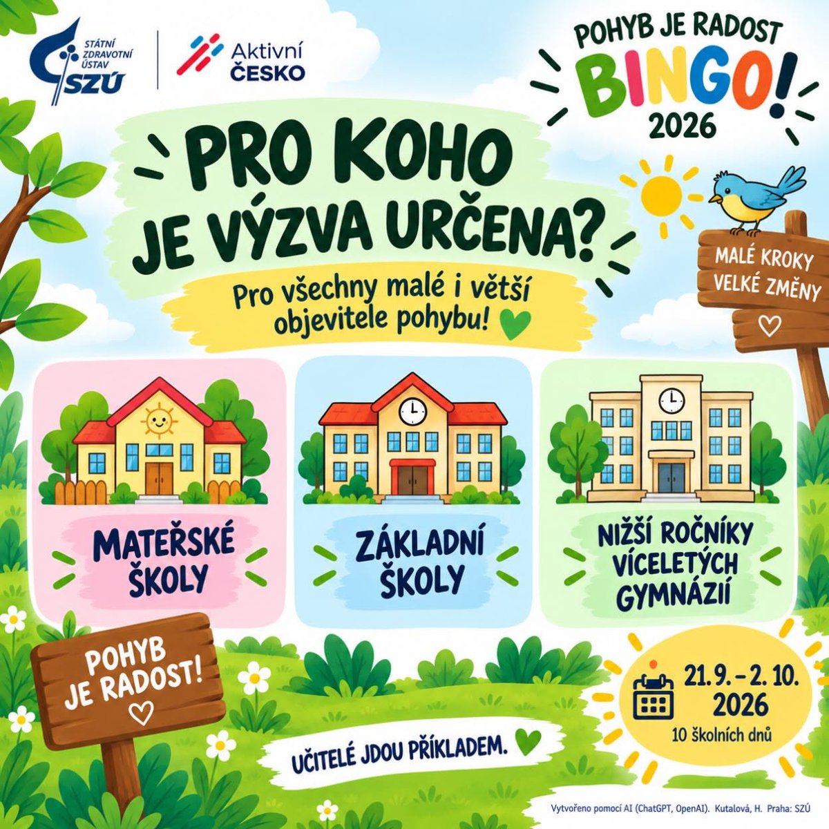 khsjmk's tweet photo. 📣 Výzva pro školy: Pohyb je radost. BINGO! 🏃‍♂️
Zapojte se společně do pohybové výzvy "Pohyb je radost. BINGO!", která proběhne od 21. září do 2. října 2026! 2️⃣1️⃣✨
Více informací hledejte na:
🔗 webu Státního zdravotního ústavu: https://t.co/SxAhQx1eYf https://t.co/tZyWzOHgPE