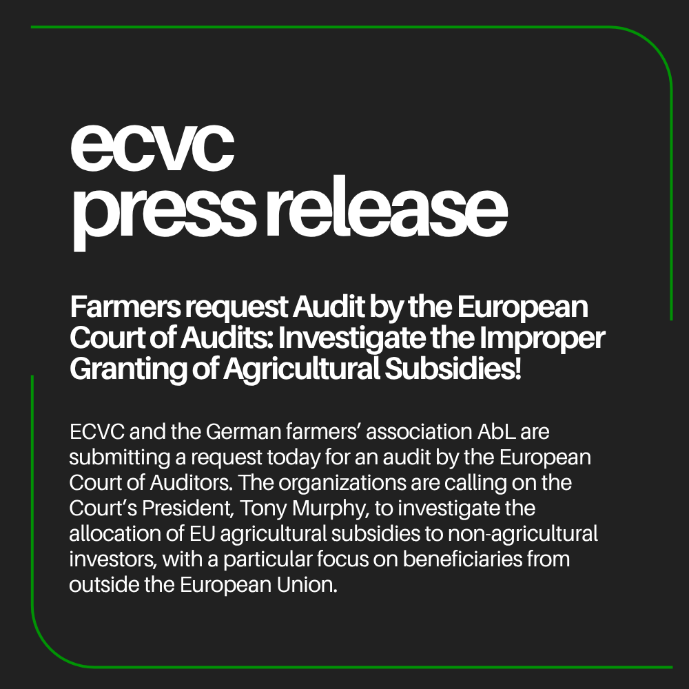ECVC1's tweet photo. ECVC and AbL urge the European Court of Auditors to audit EU farm subsidies for non-agricultural investors, redefine 'active farmers', cap payments, and prioritize small, young, agroecological farmers. 

Read more: https://t.co/P1NW3VFBDt https://t.co/zJcC3NNOhh
