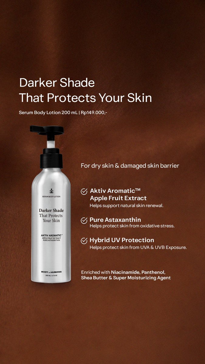 HmnsId's tweet photo. [The new story is written from HMNS Body Series.]

A serum body lotion made with the ultimate ingredients like Centella Centella P-PDRN (vegan salmon DNA tech), Marine Collagen, and Pure Astaxanthine (6.000 times stronger antioxidant than vitamin C).

Rp149.000 @ 200ml - available in all our official online stores. ❤️