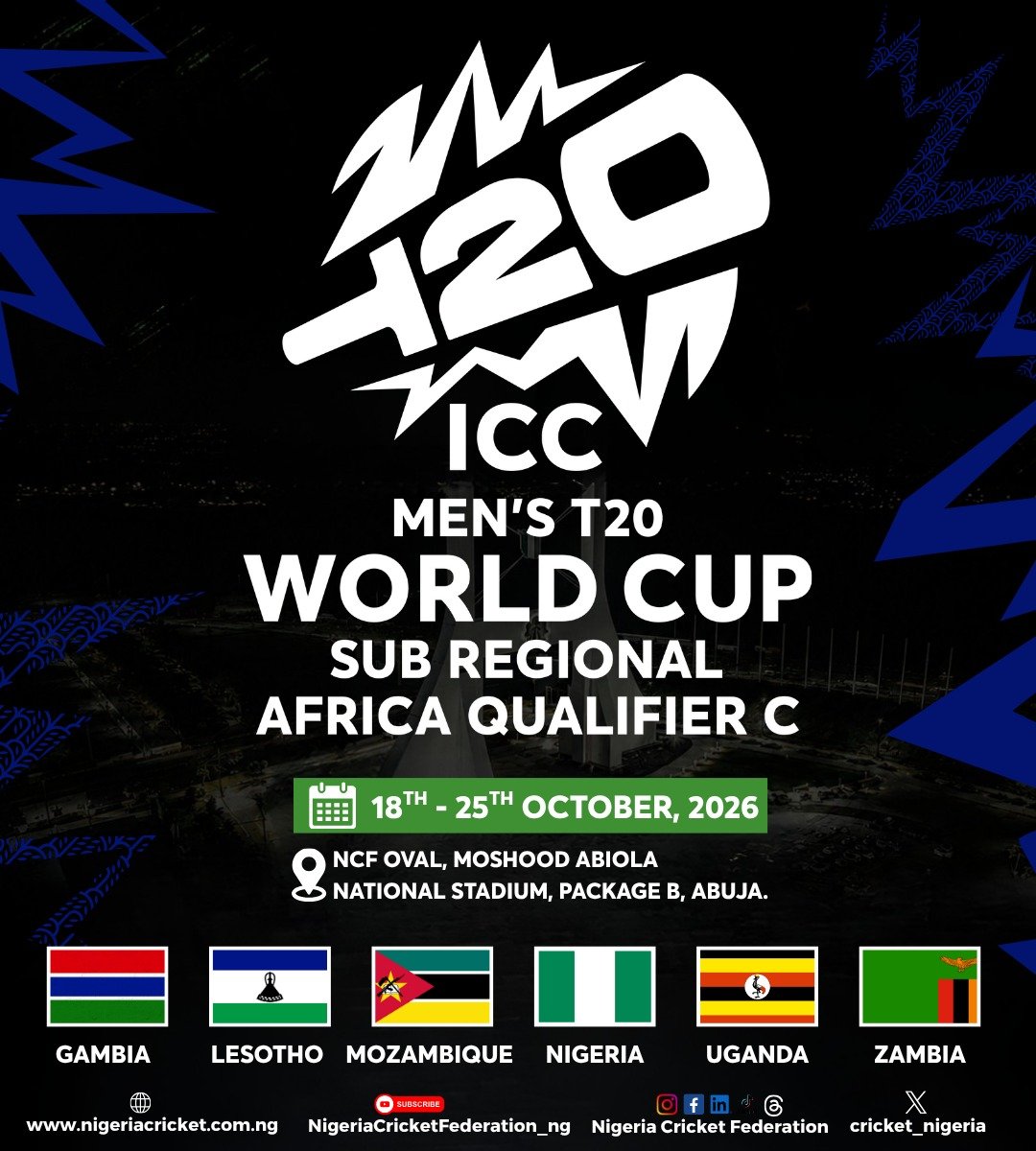 cricket_nigeria's tweet photo. The ICC Men’s T20 World Cup Sub Regional Qualifier C lands in Abuja, Nigeria, and every game promises to be a high-stakes contest for the next step!

📅 18–26 October 2026

📍 Abuja, Nigeria

MARK THE DATES. LET THE COUNTDOWN BEGIN!

#SRAQualifierC 
#NigeriaCricketFederation 
#Abuja2026 
#YellowGreens