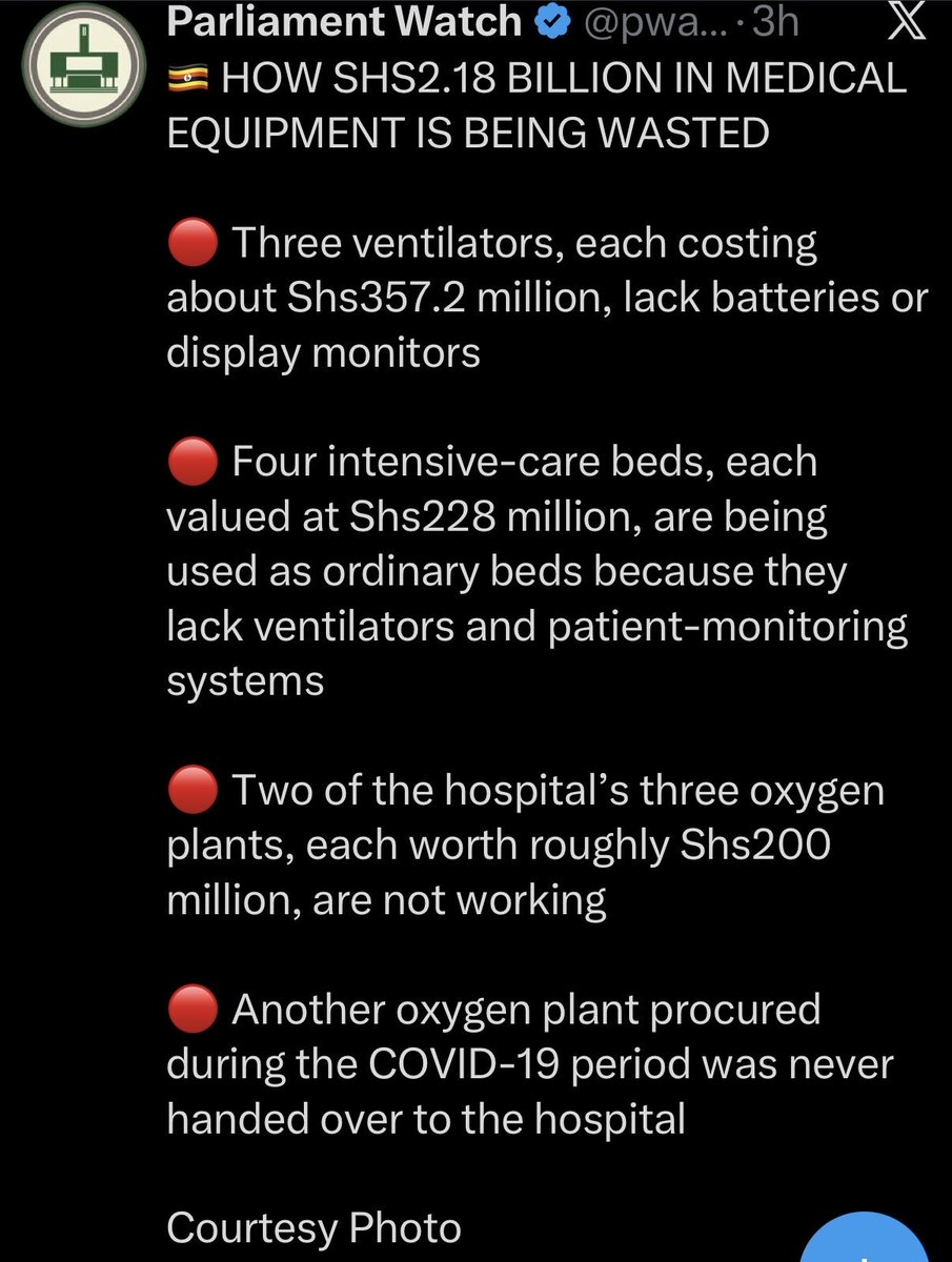 DrOtileUg's tweet photo. Dear @MinofHealthUG 

As reported by parliamentary committee, 

The ICUs you referred to are currently being used as hospital beds not even HDU and yet 2.18BN spent of equipment. 

So who is lying? https://t.co/AjbYQpVYAb