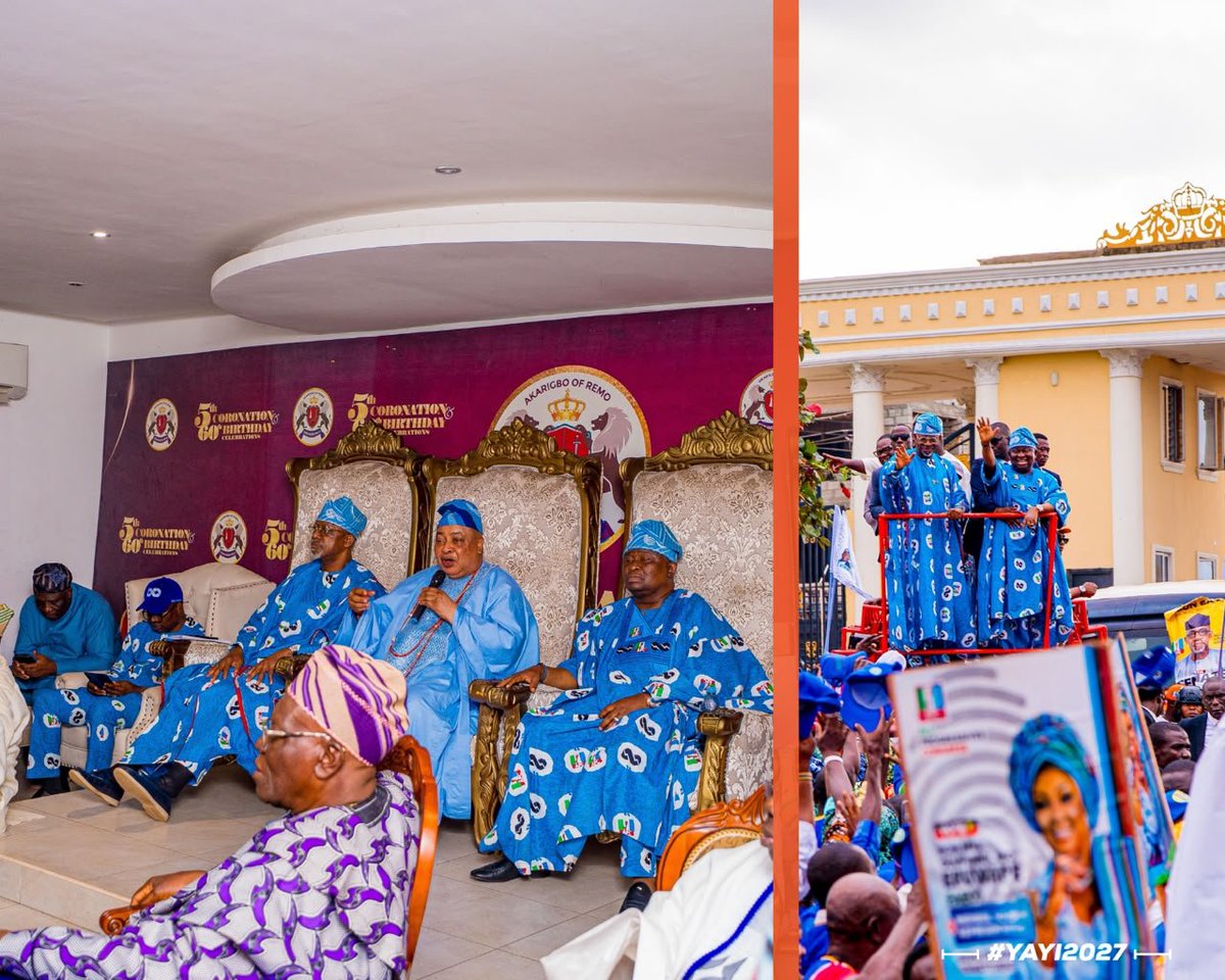 Yayi4OgunGov's tweet photo. One Ogun. Equitable development for all.

Senator Solomon Olamilekan Adeola (YAYI), CON, FCA, paid a courtesy visit to His Royal Majesty, Oba Babatunde Ajayi, CFR, the Akarigbo and Paramount Ruler of Remoland, and members of the Remo Traditional Council in Sagamu. https://t.co/WPLZH6KMlp