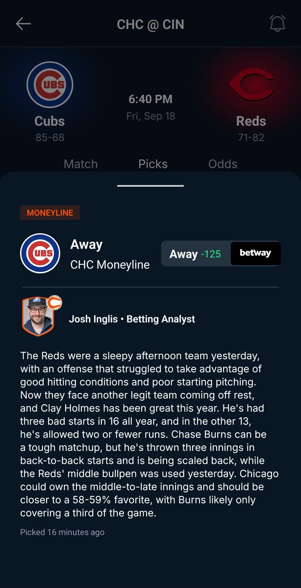 Covers_josh's tweet photo. 🎯My first-sip-of-coffee bet for @Covers

The REDS looked awful offensively yesterday and now face Clay Holmes who has allowed 2 or fewer in 13 of his 16 starts

The real angle here is Chase Burns who is being scaled back and has thrown 3 IP in B2B starts.

Cubs might get 6 innings vs a bad and used bullpen

Too short of price, add the PCA 1+ HRRBI for +100, but this fair ML price should be -140/-145