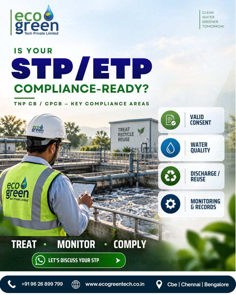 Ecogreentechcbe's tweet photo. Is your STP/ETP compliance-ready? 💧

Check the essentials:
✅ Valid consent
✅ Water quality
✅ Discharge/reuse
✅ Monitoring &amp; records
Treat • Monitor • Comply. 🌱
#STP #ETP #EnvironmentalCompliance #WastewaterTreatment #EcoGreenTech https://t.co/GmRZDEEnd4