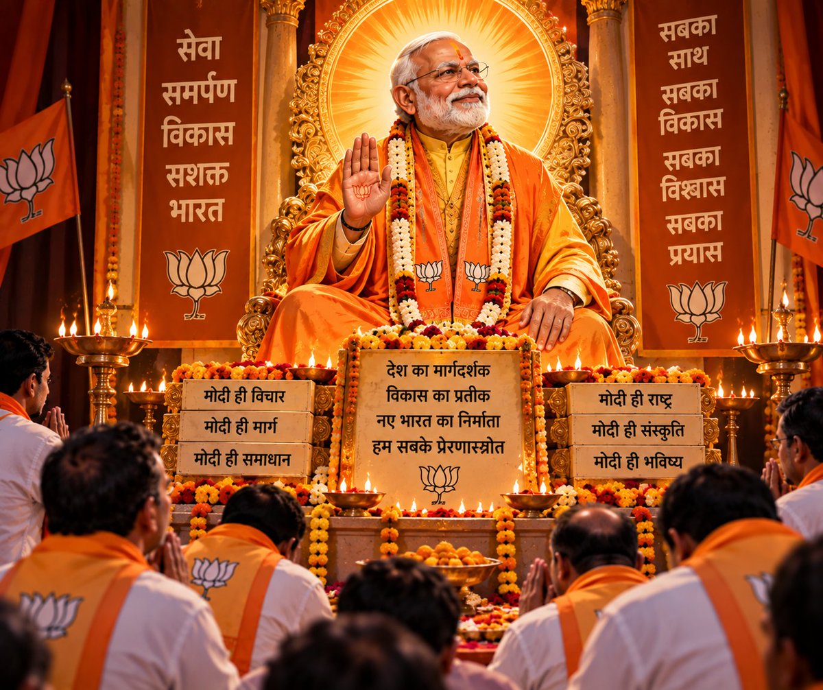 UrbanMonkOnX's tweet photo. जिस तरह BJP मोदी जी को पेश कर रही है और उनके जन्मदिन पर दीपोत्सव जैसे आयोजन कर रही है, उससे बात दशरथ जी तक सीमित नहीं लगती। ऐसा लगता है जैसे उन्हें भगवान राम से भी ऊपर स्थापित करने की कोशिश हो रही है।

मुझे तो कभी-कभी लगता है कि मोदी जी भी अब इस महिमामंडन को सच मान बैठे हैं।

जिस रफ्तार से यह सब चल रहा है, कहीं ऐसा न हो कि BJP कार्यालयों में भगवान राम की जगह मोदी जी की ही पूजा शुरू हो जाए। दिवाली दशहरा में सब जगह बीजेपी अब भगवान मोदी जी की पूजा अर्चना करेगी।