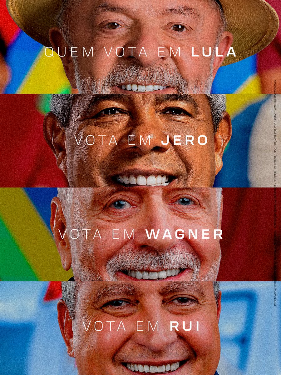 jaqueswagner's tweet photo. É o mesmo time, com a mesma caminhada e o mesmo compromisso: seguir trabalhando para a #Bahia e para o #Brasil avançarem. Quem vota em Lula 1️⃣3️⃣, vota em Jero 1️⃣3️⃣, vota em Wagner 1️⃣3️⃣0️⃣ e em Rui 1️⃣3️⃣3️⃣! https://t.co/Nl6zxjhT5N