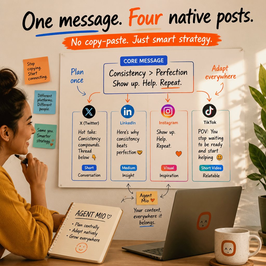 AgentMio's tweet photo. 4 platforms, 1 message, 0 copy-paste:

1. Write your core idea once (60 words max)
2. Trim to 280 chars for X, punchy tone
3. Expand to 3-4 lines for LinkedIn, add context
4. Reshape for IG with a hook + line breaks

Agent Mio plans it centrally, adapts it per platform. 4x reach, 1x effort.

Try free → https://t.co/yepiYhWCR4

#SoloBuilders #AIMarketing #ContentCreation