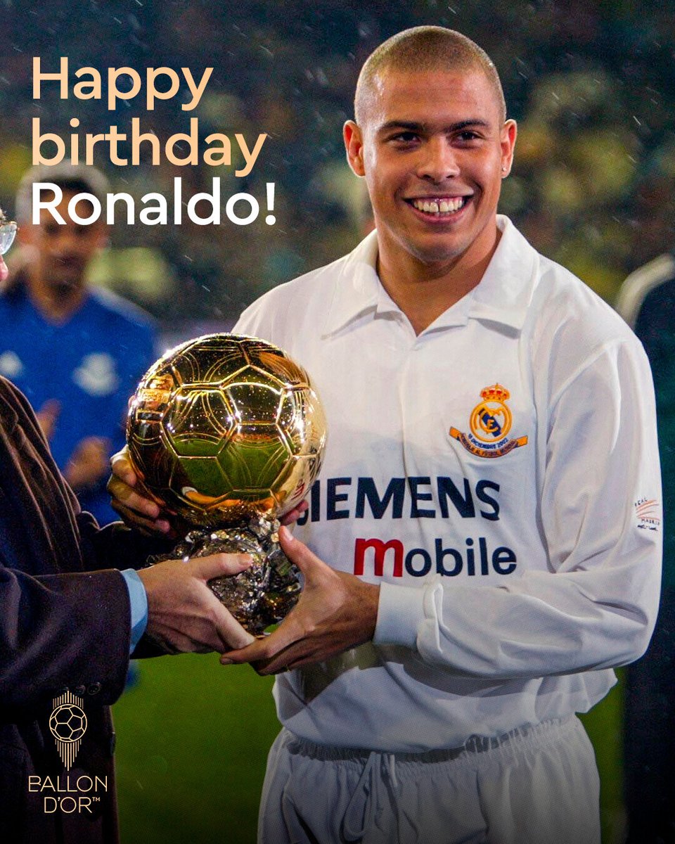 ballondor's tweet photo. Turning 50 today! 🎂🇧🇷

🌕 2x Ballon d'Or Winner
🏆 2x World Cup Champion
⚽ The ultimate striker

Pure power, unstoppable speed, and unmatched magic with the ball at his feet. 

Happy birthday, Fenómeno! ✨

Remember his golden legacy at ➡️ https://t.co/nbC2Q3mliR

#ballondor #ronaldo
