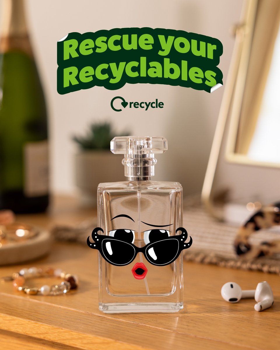 WolvesCouncil's tweet photo. 👍 It’s national #RecycleWeek 2026. Look out for those items that can be saved from the waste bin and put in the recycling for further use.
Empty perfume bottles could become new glass jars, tiles, or even astroturf.
♻️ Check what can go in your bin: https://t.co/j1lXmvb5dX https://t.co/pljisbdOZa
