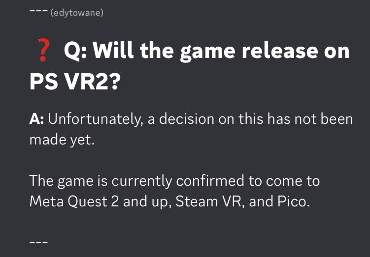 EveryDayBeard's tweet photo. @forefrontvr whishlisted as soon as it was available but Discord FAQ has some sad info :(
@forefrontvr is it halted for PSVR2 or FAQ is outdated? https://t.co/Kjr083dIJz