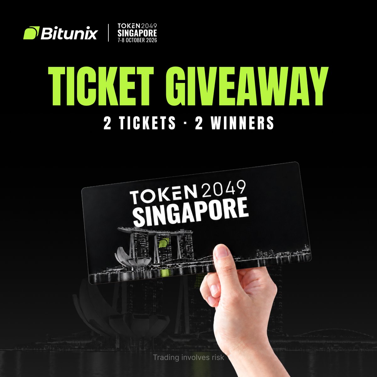 BitunixOfficial's tweet photo. 🎟️ Win a ticket to TOKEN2049 Singapore!

We’re giving away 2 tickets to 2 winners.

To enter:
1️⃣ Follow Bitunix
2️⃣ Like, repost &amp; tag 1 friend
3️⃣ Complete the entry form:
https://t.co/5l7wTedzRe

Winners announced on September 28.

See you at #TOKEN2049 👀 https://t.co/ZQpdpC8bKv